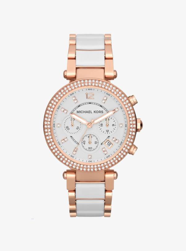 Damske Rose Gold-tone Hodinky Michael Kors Parker White Acetate Ruzove Zlate - Hodinky Michael Kors Nejlevnejsi | YDFSP-3419